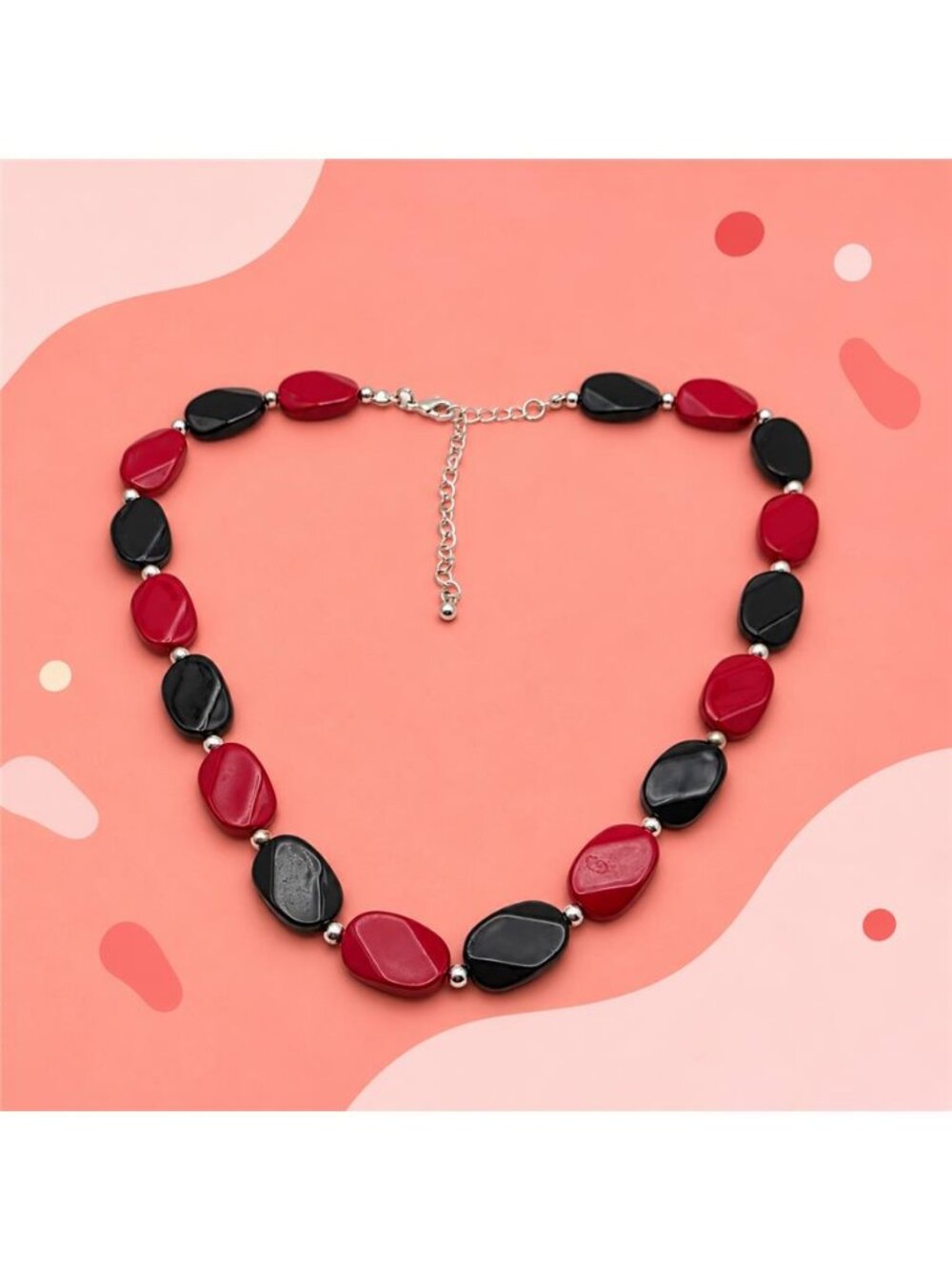 Red Black Faceted Acrylic Bead Necklace Silver Tone Adjustable Statement 20.5"